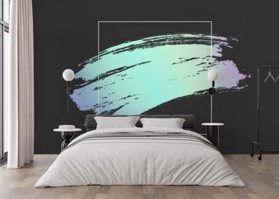 Hologram foil brush stroke with frame empty banner. Neon glossy metallic grunge or smudge paint texture isolated on black background. Vector holographic gradient brushstroke pattern Wall mural