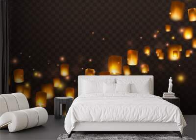 Lanterns isolated on transparent background. Diwali festival floating lamps. Vector indian paper flying lights with flame at night sky Wall mural