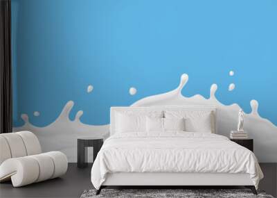 Milk splash seamless pattern isolated on blue background. 3d realistic yogurt wave border. Vector milky package design Wall mural