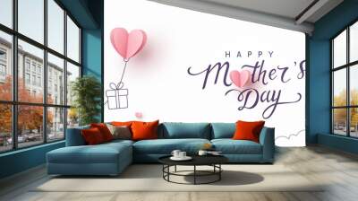 Mother's day postcard with paper flying elements and gift box on white sky background. Vector symbols of love in shape of heart for greeting card design Wall mural