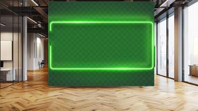 Neon rectangle lamp wall sign isolated on transparent background. Vector green power glowing bulb banner, light line frame for your design. Wall mural