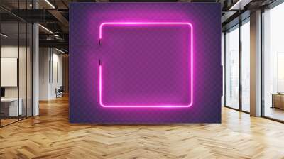 Neon rectangle lamp wall sign isolated on transparent background. Vector pink power glowing bulb banner, light square frame.. Wall mural