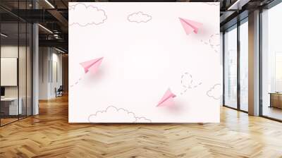 Paper flying airplanes on pink sky background. Empty postcard. Vector cartoon children planes in air for Happy Mother's, Valentine's Day greeting card design.. Wall mural