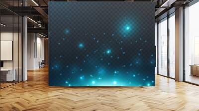 Sparkle glitter texture and white glowing lights effect. Vector sparks isolated on blue magic transparent background for greeting card design Wall mural