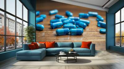 Capsules drug blue on wood table isolated with white highlights, png Wall mural