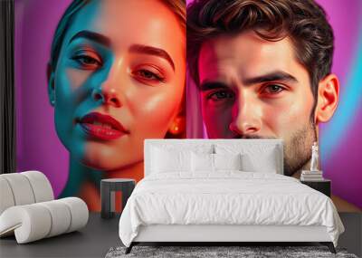 Creative collage of different face parts of beautiful young girl and man with well-kept perfect skin, multicolored background in neon light. Concept of skin care, cosmetology and cosmetics, beauty i Wall mural