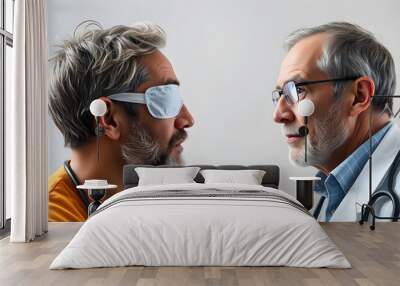 Eye health discussion between doctor and patient wearing an eye patch for his recovery isolated with white highlights, png Wall mural