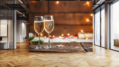 Merry Christmas and Happy New Year Party Background  -  Two glasses of sparkling wine or champagne on rustic wood  -  Greeting Card  - Blank Template  - Design isolated with white highlights, png Wall mural