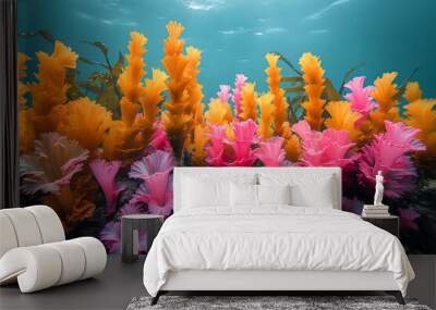 Chromatic Coral Garden: Vibrant pink and orange soft corals thrive in a sunlit underwater paradise, showcasing the beauty and diversity of marine life.  Wall mural