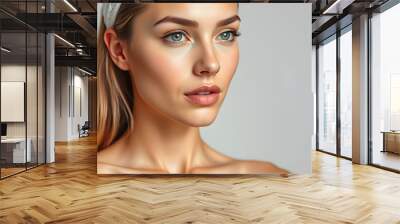 Portrait beautiful young woman with clean fresh skin. Model with healthy skin looks at an empty space, close up portrait. Cosmetology, beauty and spa isolated with white highlights, png Wall mural