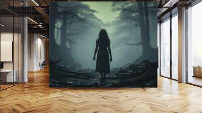 silhouette of woman walking in forest Wall mural