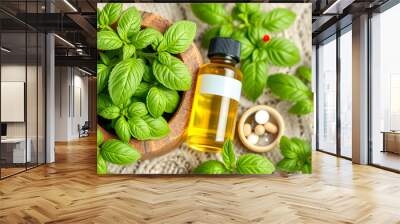 Sweet basil and hot basil in wooden mortar with essential oil and supplement, alternative herbal medicine concept isolated with white highlights, png Wall mural