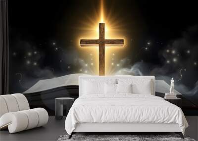 The Christian Cross is illuminated in a book in white and fantasy light, with magic shining as hope, love and freedom in beautiful illustrations isolated with white highlights, png Wall mural