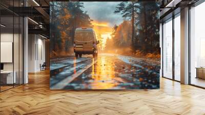 van to deliver a package moving down a road. truck in the rain Wall mural