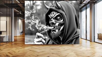 Vape man in devil mask and a hood smoking an electronic cigarette outdoors. Puffs of steam. Bad habit that is harmful to health. Vaping activity. Black and white isolated with white highlights, png Wall mural