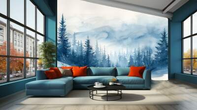 Watercolor abstract winter wonderland with snow-covered trees. Wall mural