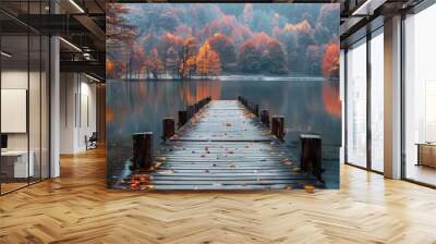 Wooden dock on an autumn lake Wall mural