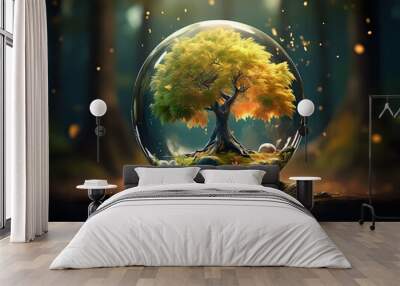 Maple tree growing in a glass orb, forest background, dynamic lights, hyper detailed, ultra realistic Wall mural