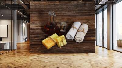 two citrus scented soaps two evening primrose oils and two towels for her and him for a home spa with free space for text Wall mural