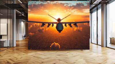 Drone flying through dramatic sunset clouds in the sky Wall mural