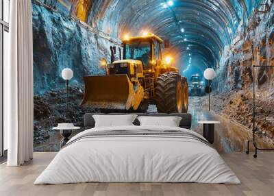 Heavy construction bulldozer working in a tunnel excavation site Wall mural