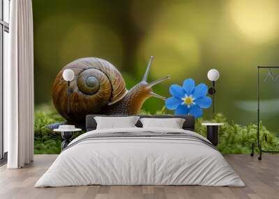 Snail with a small blue flower on mossy surface, close-up nature scene Wall mural