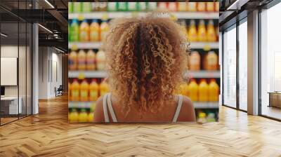 Woman with curly hair looking at beverage aisle in supermarket Wall mural