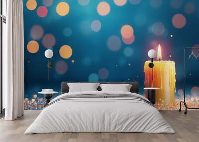 Candlelight Serenity: A single, melting yellow candle casts a warm glow against a shimmering, teal bokeh background.  The image evokes peace, reflection, and hope. Wall mural