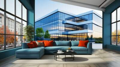 Elevated glass walkway connecting two modern buildings, sleek architecture with clean lines Wall mural