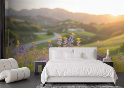 peaceful road with blooming asters along Wall mural