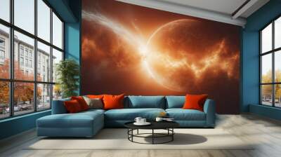 Solar storm flares interacting with Earth’s magnetic field, visible auroras, space background Wall mural