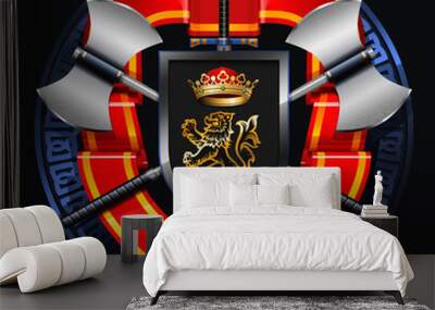 medieval coat of arms with axes, swords, shield, crown and red bright ribbon Wall mural