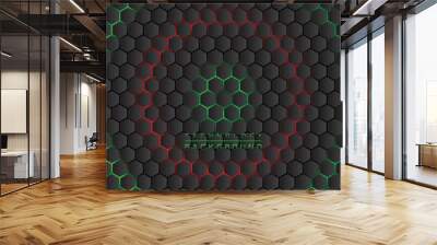 Dark technology hexagonal vector background. Abstract green bright energy flashes under hexagon in dark technology modern futuristic background vector illustration. Gray honeycomb texture grid. Wall mural