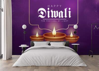 Happy Diwali festival with oil lamp, Rangoli decoration with Diya, Diwali holiday Background with rangoli, Diwali celebration greeting card, vector. Wall mural