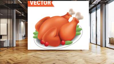 Roast turkey 3d cartoon vector on white background for thanksgiving Wall mural