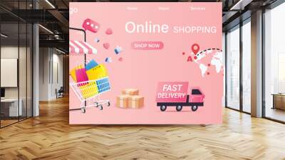 The vector of online shopping advertising poster with colorful and minimal 3d objects and background Wall mural