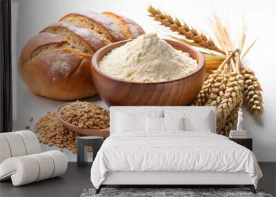 Bowl of flour and Bread, wheat grains and spikelets. on isolated white background Wall mural