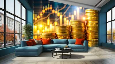 Coin and graph chart or Forex, Analyze profit finance business. Double exposure. on blurred background Wall mural