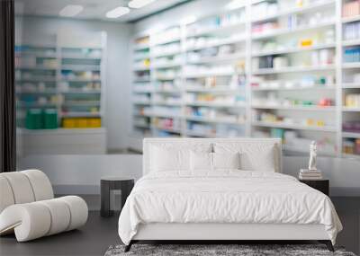 Empty white table top, Drug store blurred background Wall mural