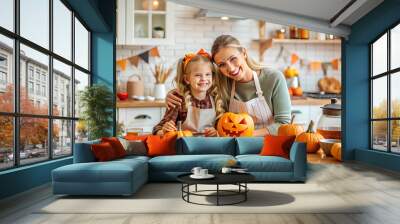 Happy Family, Mother and daughter cooking festive fare in the kitchen. Having fun at home. Halloween concept Wall mural