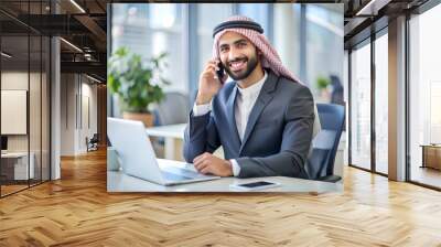 Portrait Young Muslim businessman talking on smartphone for work in the office Wall mural