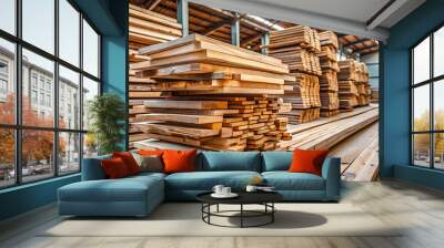 Stacked planks of brown and gray wood Wall mural