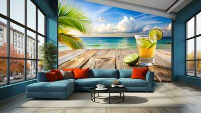 Tequila Sunrise cocktail on wooden planks in front of a blue swimming pool or the ocean Wall mural