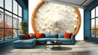 White flour in a wooden bowl Isolated on white  Wall mural