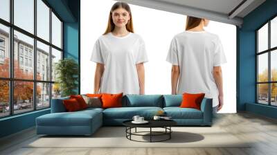 Woman in white Oversize T-shirt mockup, Front and Back, isolated on white background with clipping path Wall mural