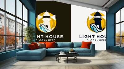 Templat desain logo mercusuar dengan elemen air laut, garis mercusuar logo monoline, Wall mural