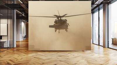 Military chopper invasion it takes off in combat and war flying into the smoke and chaos and destruction. Military concept of power, force, strength, air raid. Portrait View. Wall mural