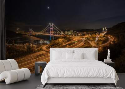 Beautiful night scenes of Tsing Ma Bridge The highway road in Ho Wall mural