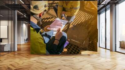 Construction miner wearing safety helmet hand over defocused of confined space working permit book to co-worker prior to starting early morning shift   Wall mural