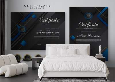 Blue and black certificate of achievement template with gold badge and border Wall mural